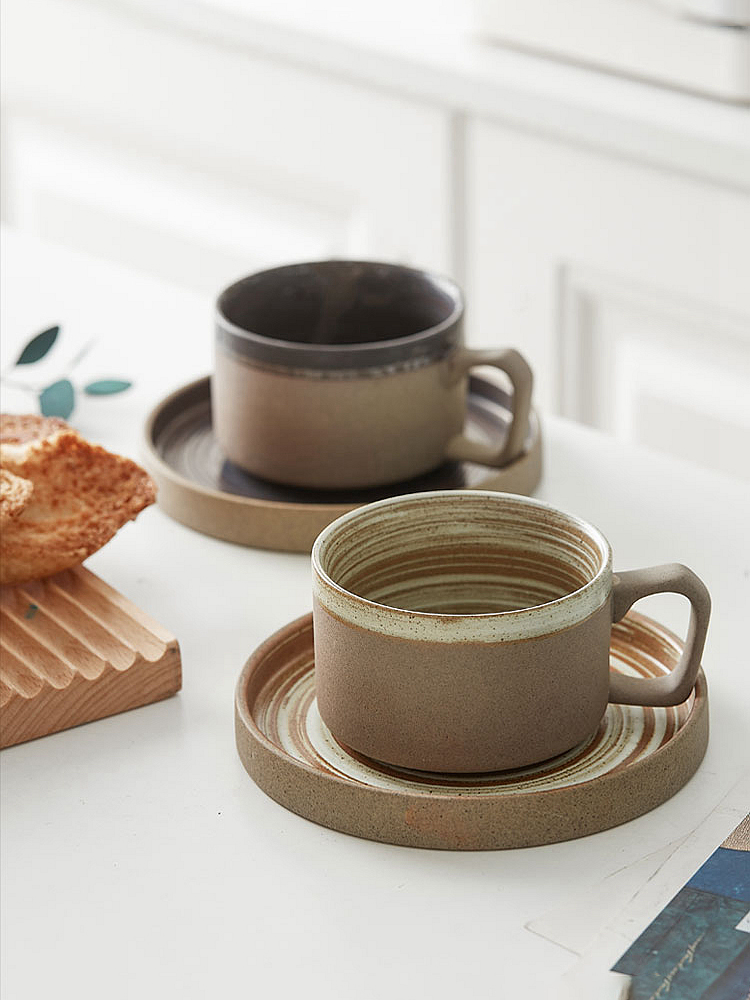 日式風陶瓷咖啡杯碟套裝 復古小巧 家用ins風 粗陶窯變精緻奶杯