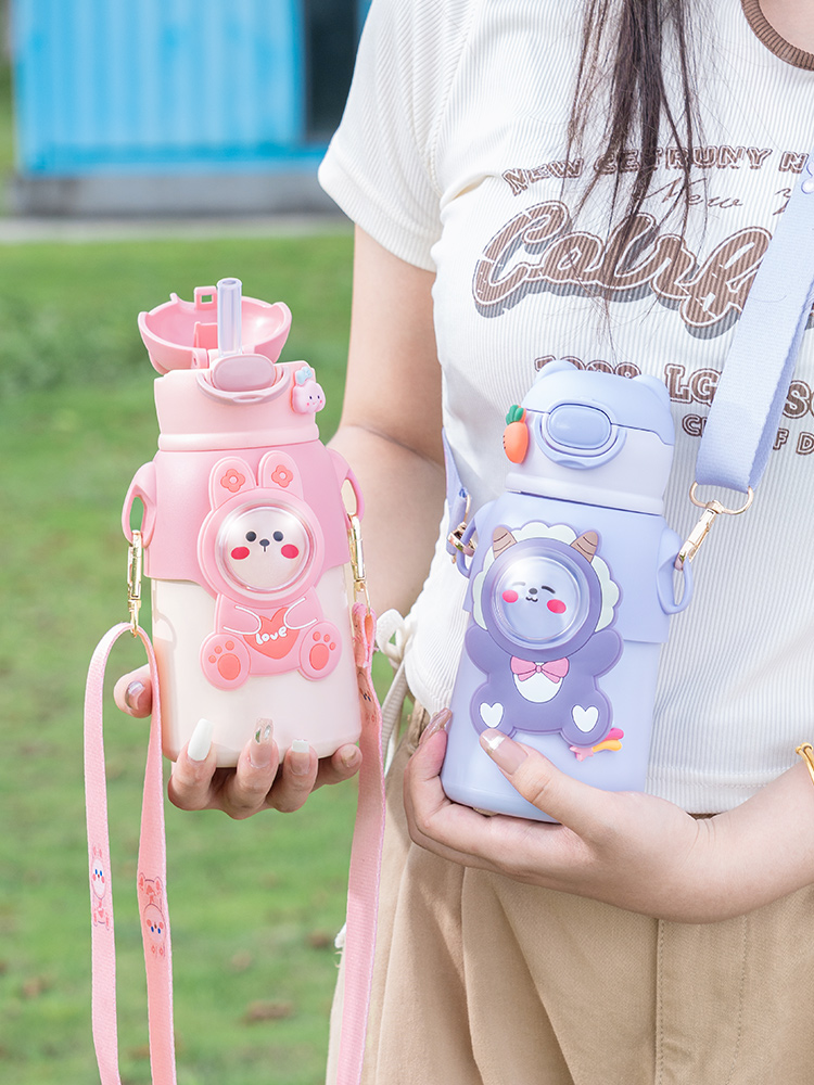 兒童保溫杯 可愛卡通動物圖案不鏽鋼吸管水杯 送揹帶杯刷