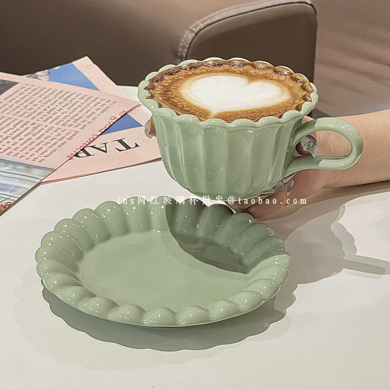 法式ins風芝士派系列純色咖啡杯碟組 優雅裝飾陶瓷奶呼呼花拉杯
