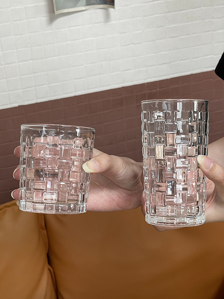 清新森系風格編織玻璃杯商用家用創意網紅浮雕水杯果汁咖啡冷飲杯
