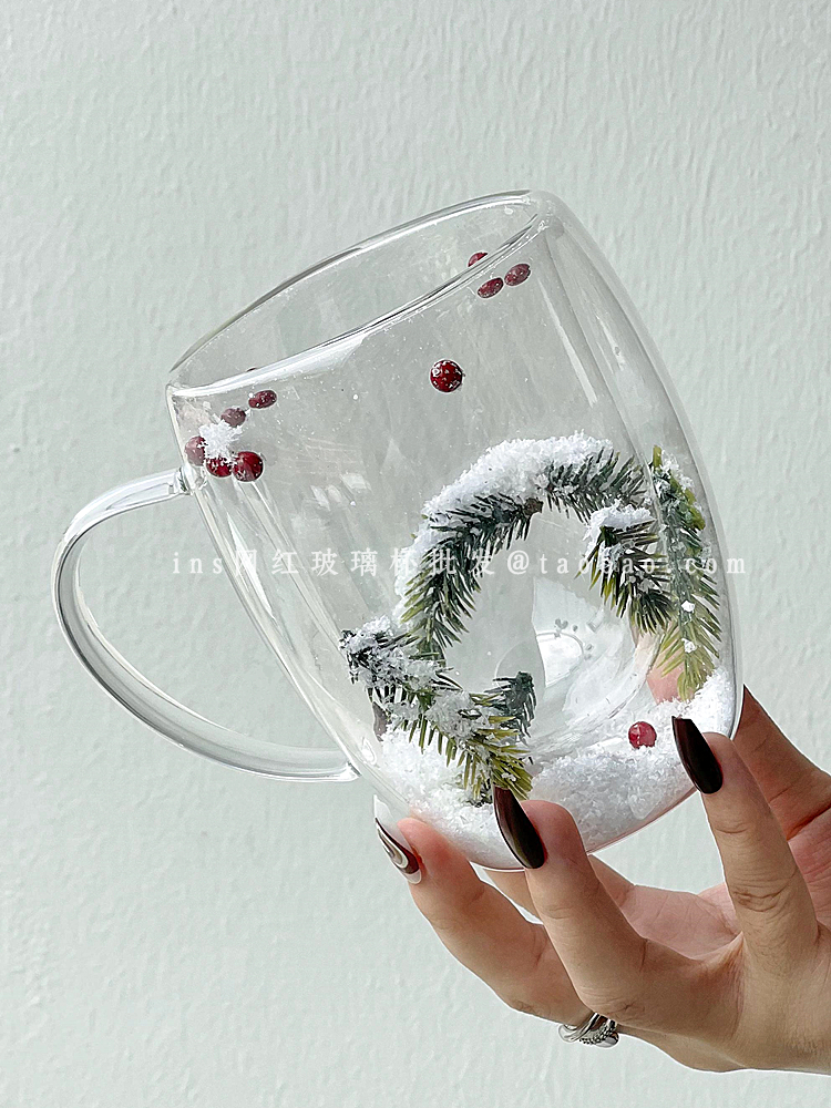 簡約風雙層防燙玻璃杯 聖誕雪花創意設計咖啡杯