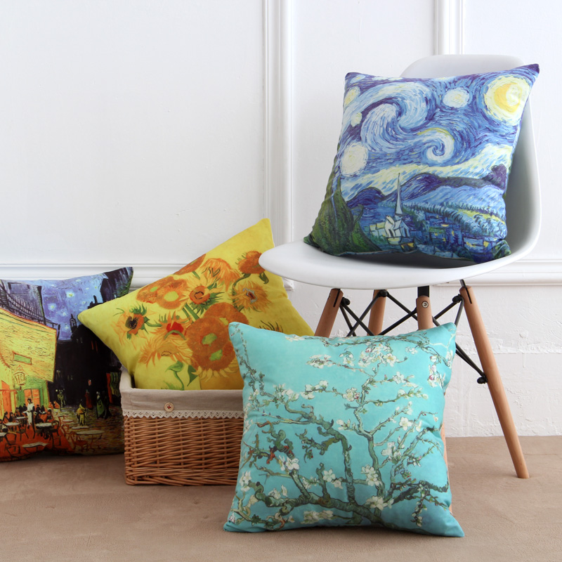 梵高油畫名作杏花 絨布藝術沙發抱枕 四季靠墊雙面枕套含芯
