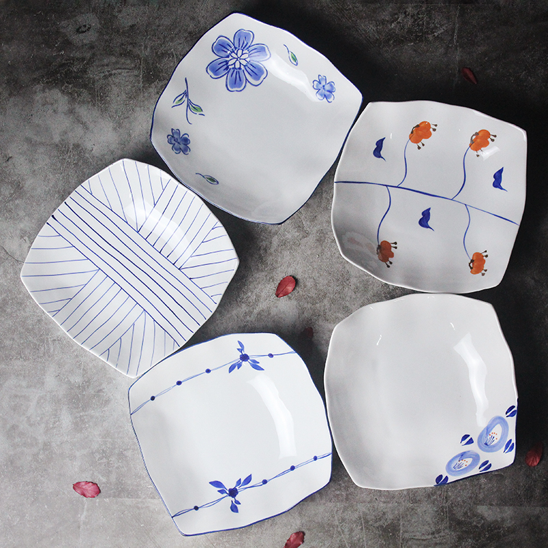 手繪插畫日式陶瓷水果早餐盤 湯盤 四方形 釉下彩