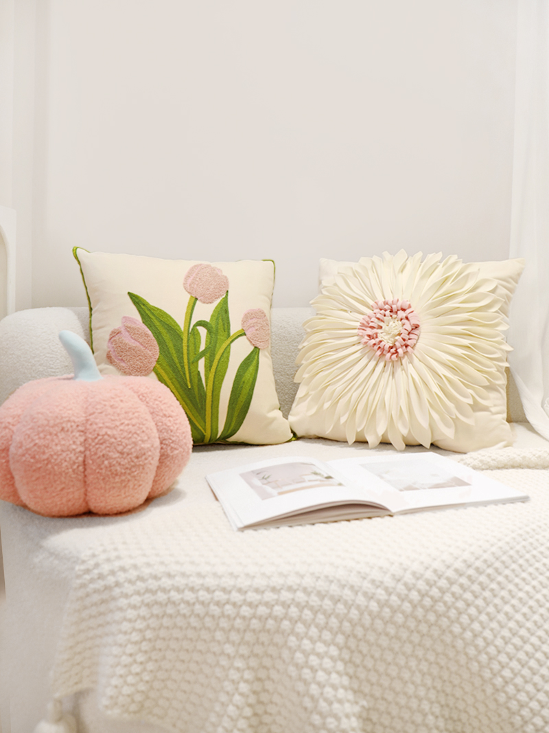 簡約現代風格 粉色鬱金香刺繡抱枕 溫馨時尚沙發靠墊
