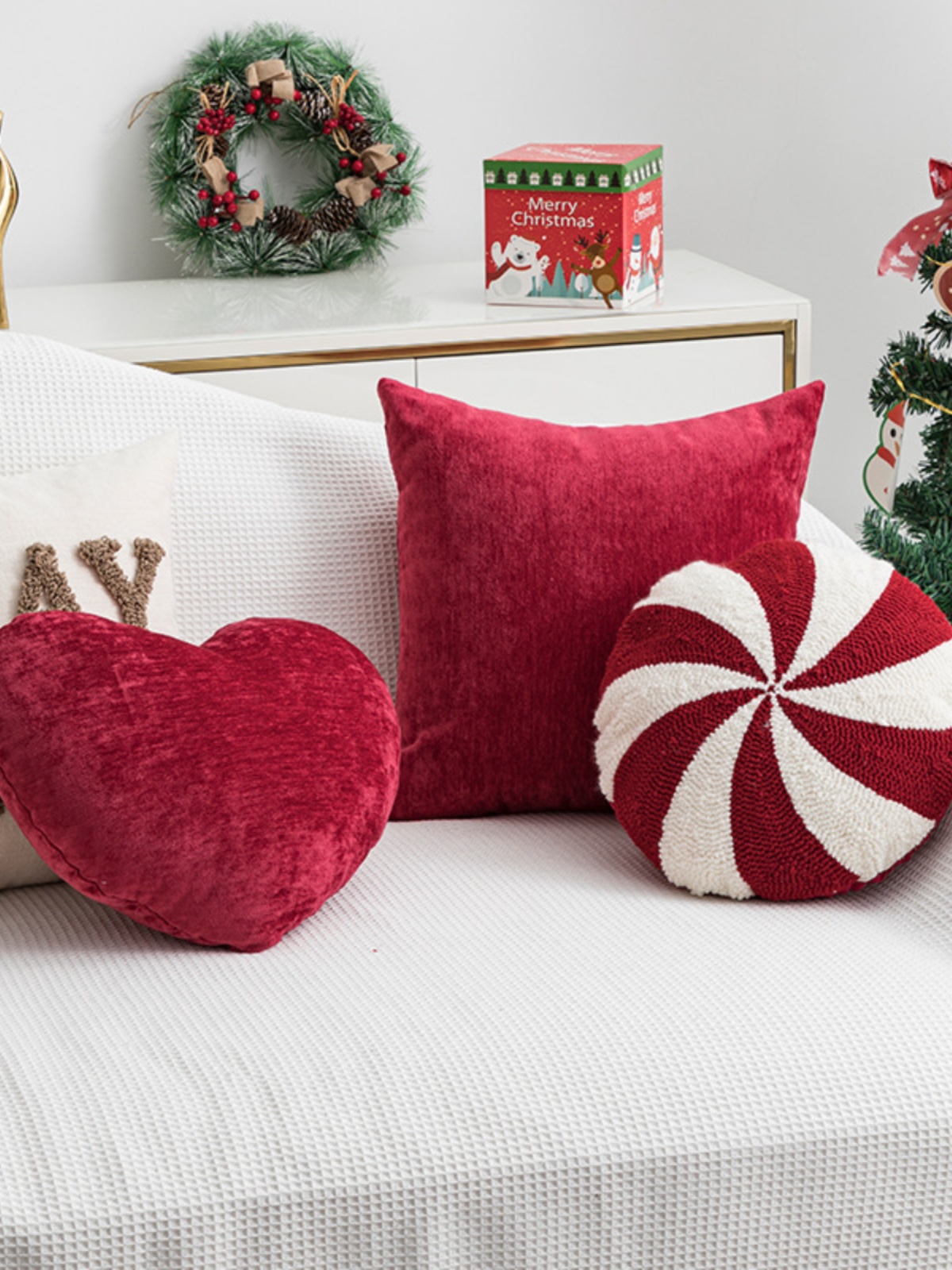 聖誕節糖果抱枕裝飾靠墊 臥室床頭抱枕套 聖誕紅色新年節日