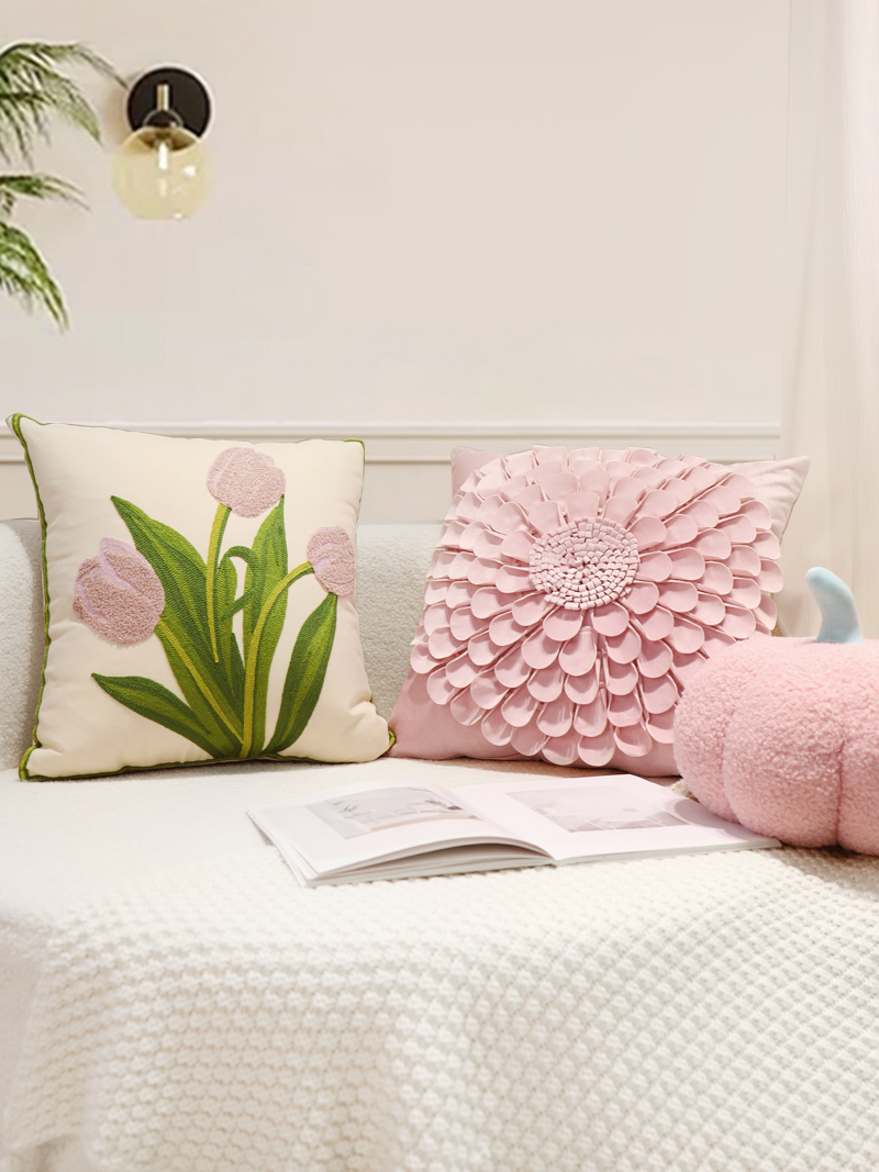 粉色鬱金香花卉抱枕簡約風全棉沙發臥室床頭靠墊套