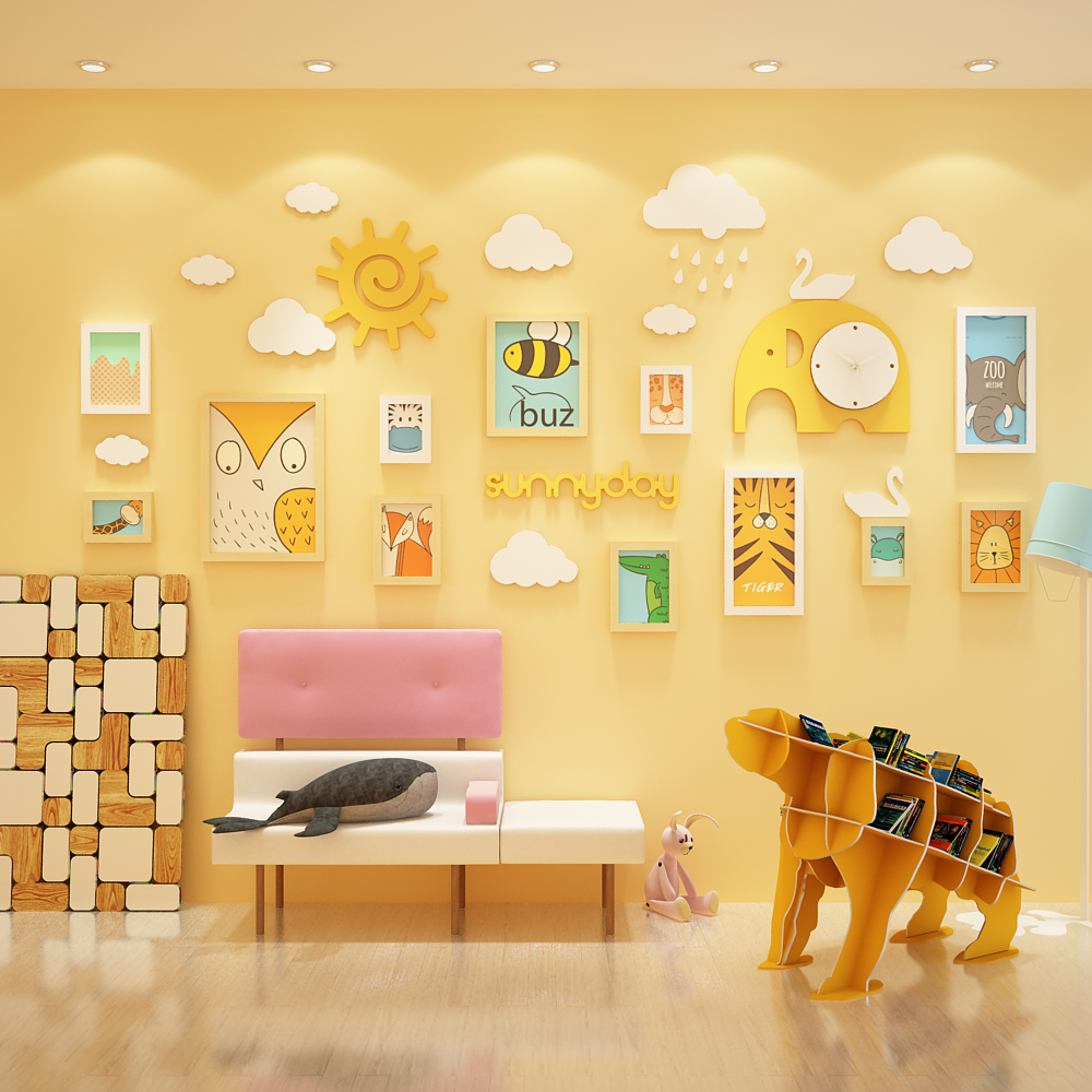 幼兒房實木相框組合打造童趣創意照片牆