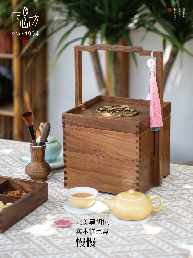 中式實木糕點盒古風點心盒復古茶歇擺件木質乾果盤茶室點心盒