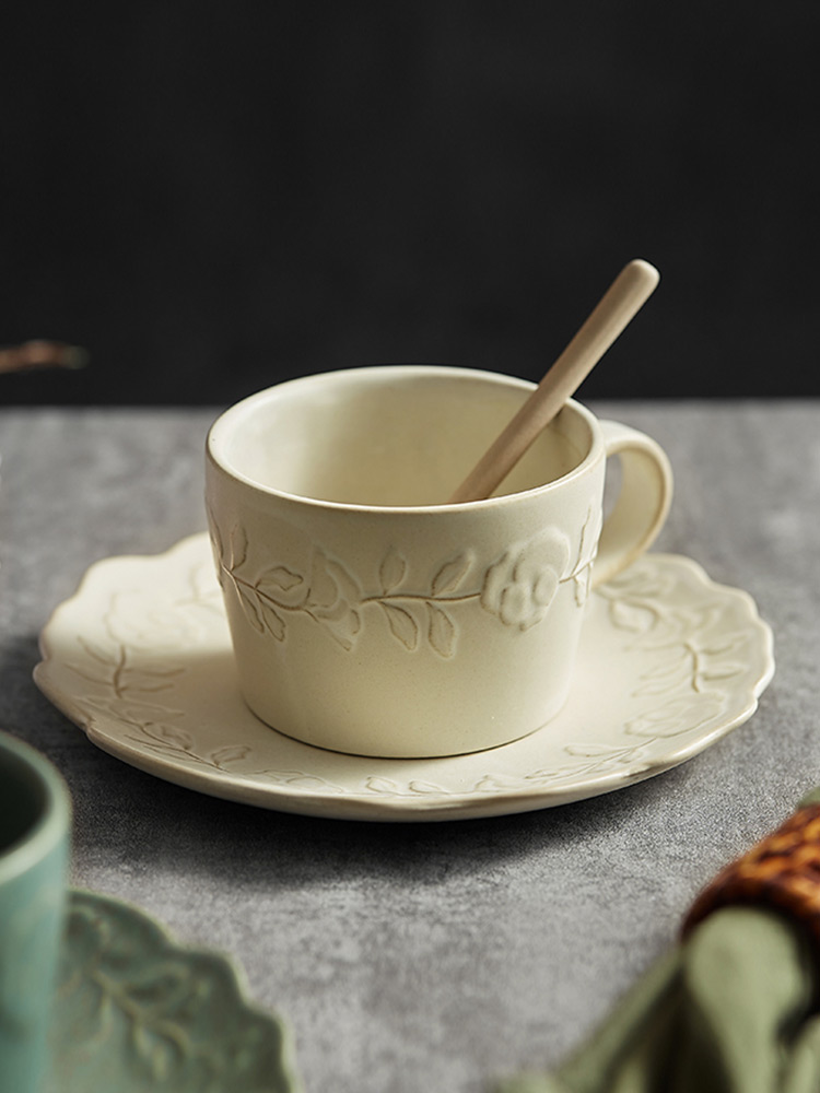 復古歐式浮雕陶瓷咖啡杯套裝 精緻早餐杯牛奶杯下午茶杯子配碟