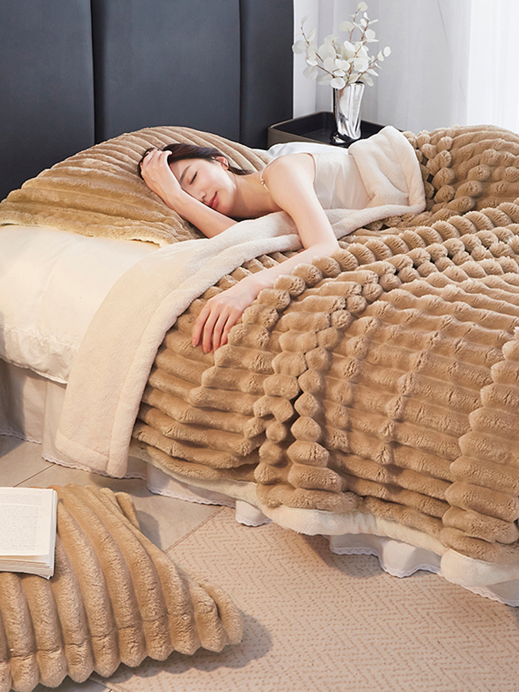 簡約現代超柔玉兔絨毛毯保暖雙層加厚奶絨毛巾被子午睡毯子