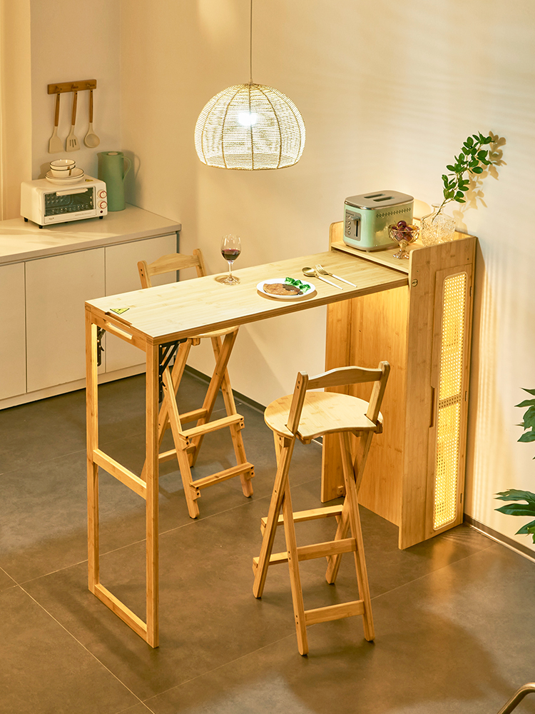日式實木折曡吧台桌藤編餐邊櫃一躰家用隔斷多功能餐桌可伸縮島台