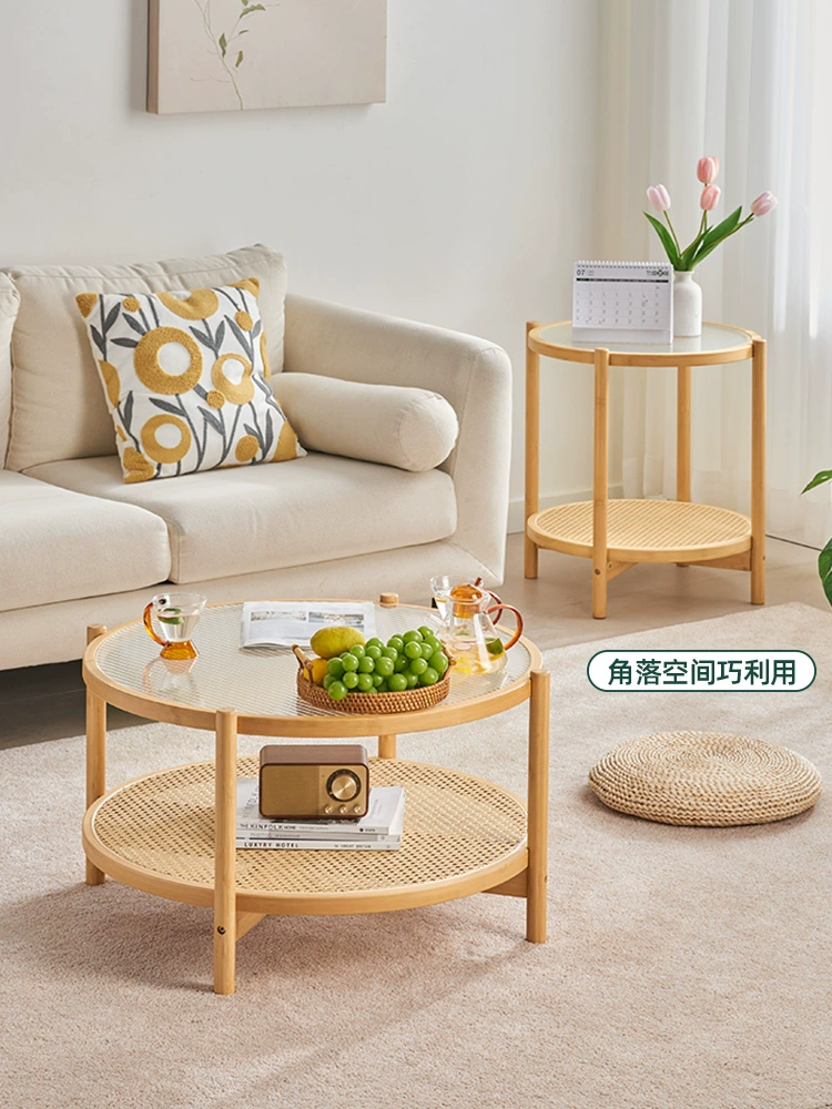 日式圓形竹藤編玻璃茶几 小戶型客廳現代簡約沙發邊幾小茶桌帶儲物