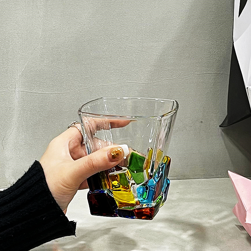 手工彩繪方塊水晶玻璃杯 歐式商用彩色威士忌杯