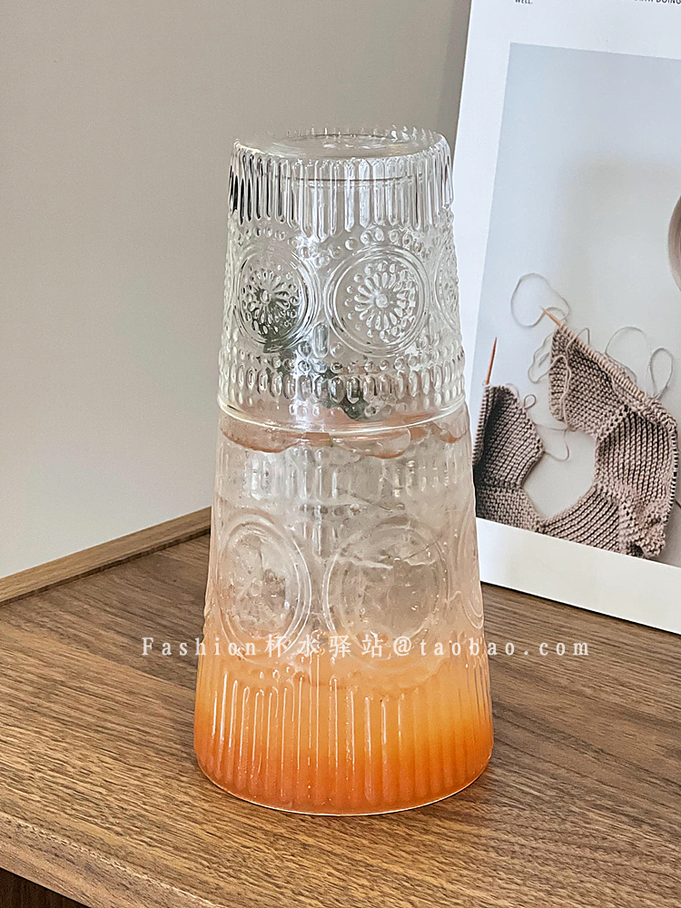 創意復古浮雕玻璃冷水壺 中式風格帶蓋裝飾品果汁杯