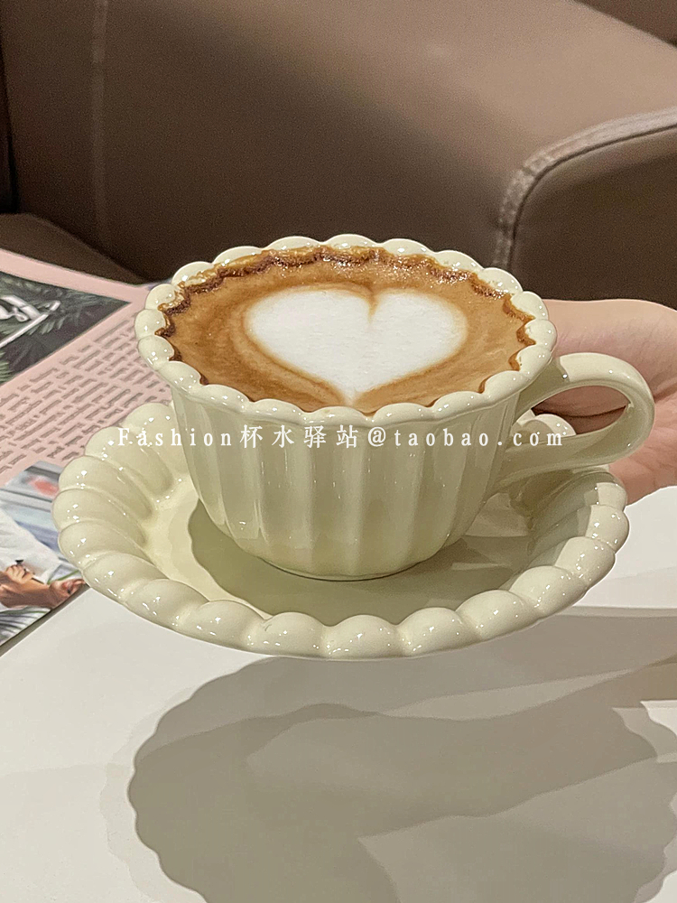 法式ins風芝士派系列純色咖啡杯碟高顏值陶瓷早餐杯碟奶呼呼拉花杯配碟單個裝