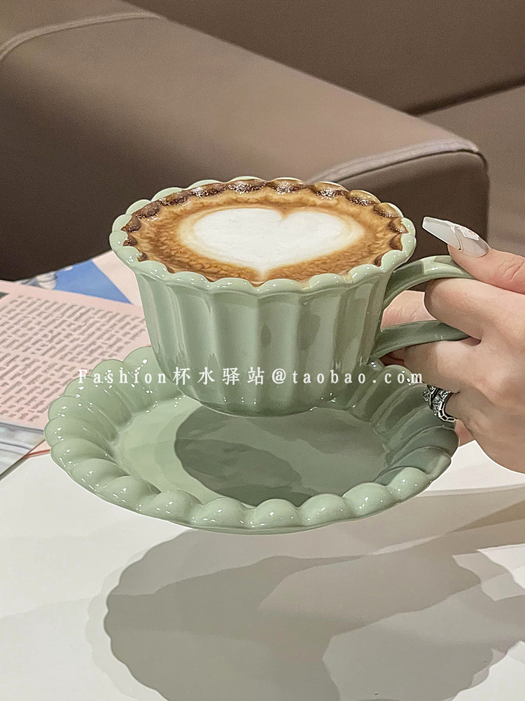 法式ins風芝士拉花咖啡杯碟 高顏值陶瓷宮廷風早餐奶呼呼杯