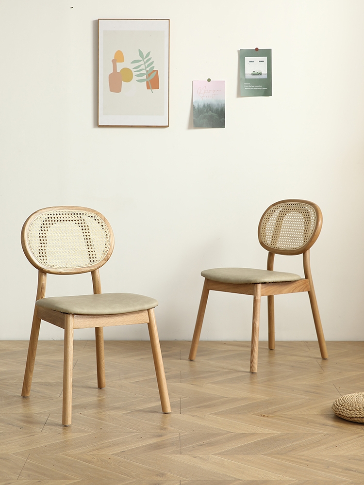 北歐實木圓背藤編餐椅 侘寂風簡約家用優質休閒椅