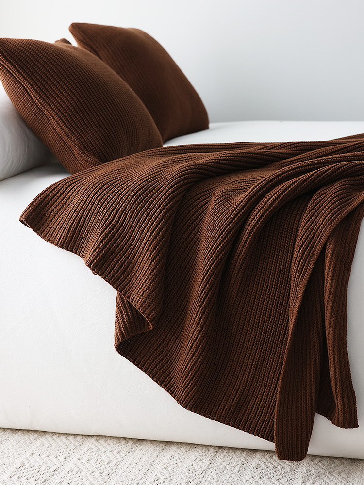 北歐簡約風針織毛毯 溫暖舒適蓋毯床尾巾栗色沙發裝飾毯