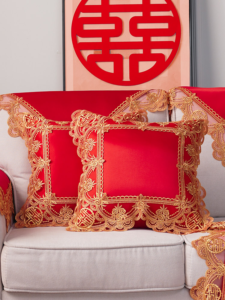 紅色喜字壓床抱枕 歐式蕾絲高檔婚房抱枕 客廳沙發靠墊 午睡靠墊