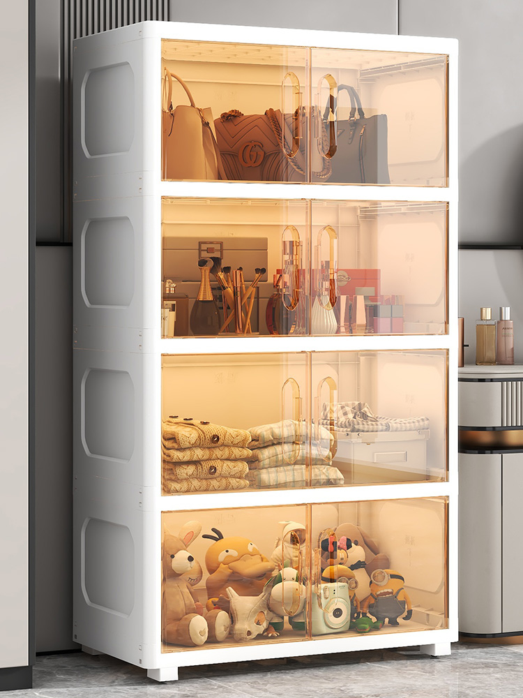 家居塑料透明對開門式收納櫃臥室兒童用品整理櫥租房簡易儲物櫃子