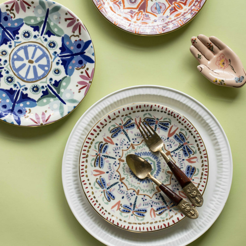 美式風格描金陶瓷圓形盤子 1個 8英寸 輕奢餐盤碟子 家用餐盤