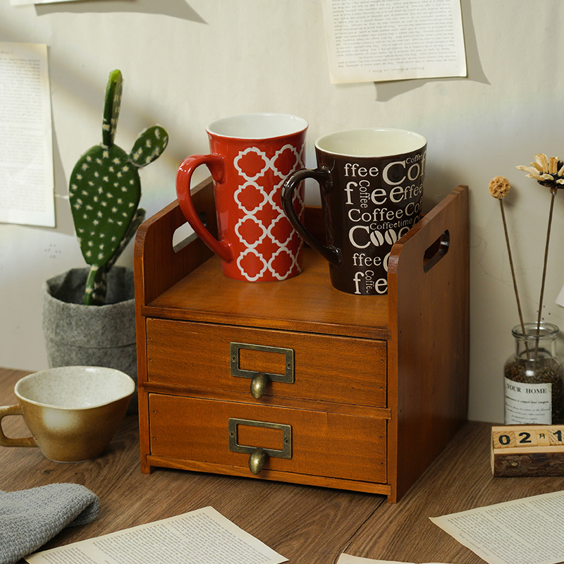 zakka木質桌麪收納盒化妝品辦公桌上置物架抽屜式學生複古盲盒櫃