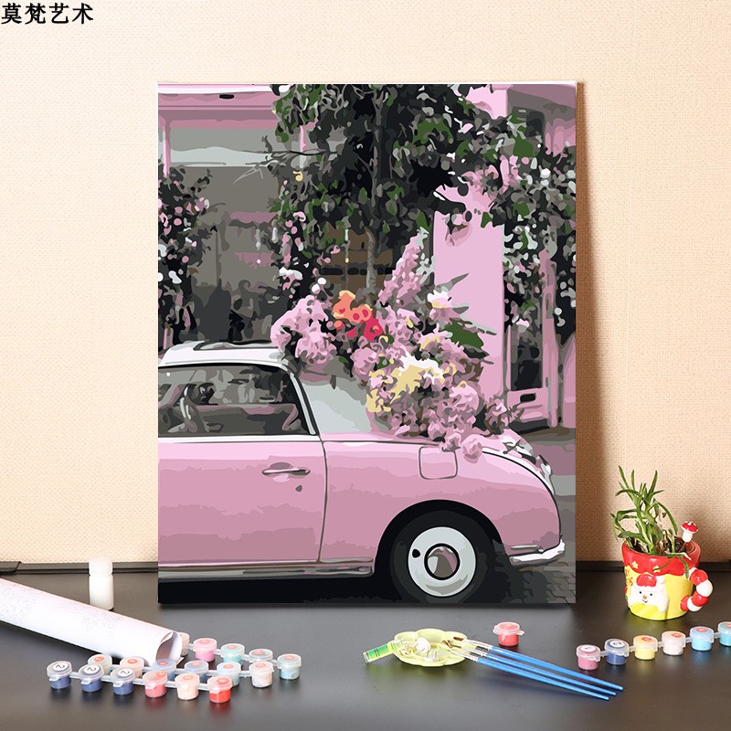 粉色玫瑰花車數字油畫彩版畫布顏料畫筆配件浪漫少女風情裝飾 (3.5折)