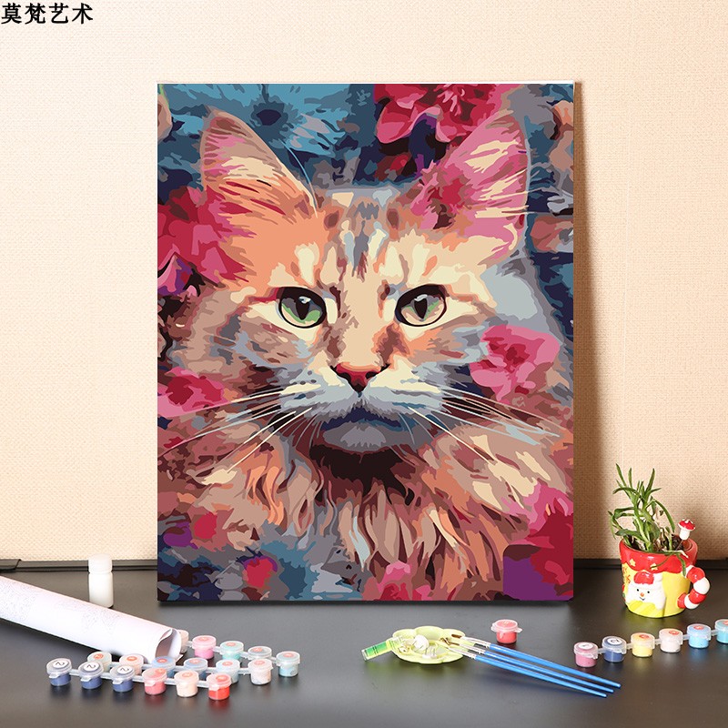 簡約現代風格 丙烯顏料填充 帥氣塗鴉小貓咪客廳裝飾數字油畫