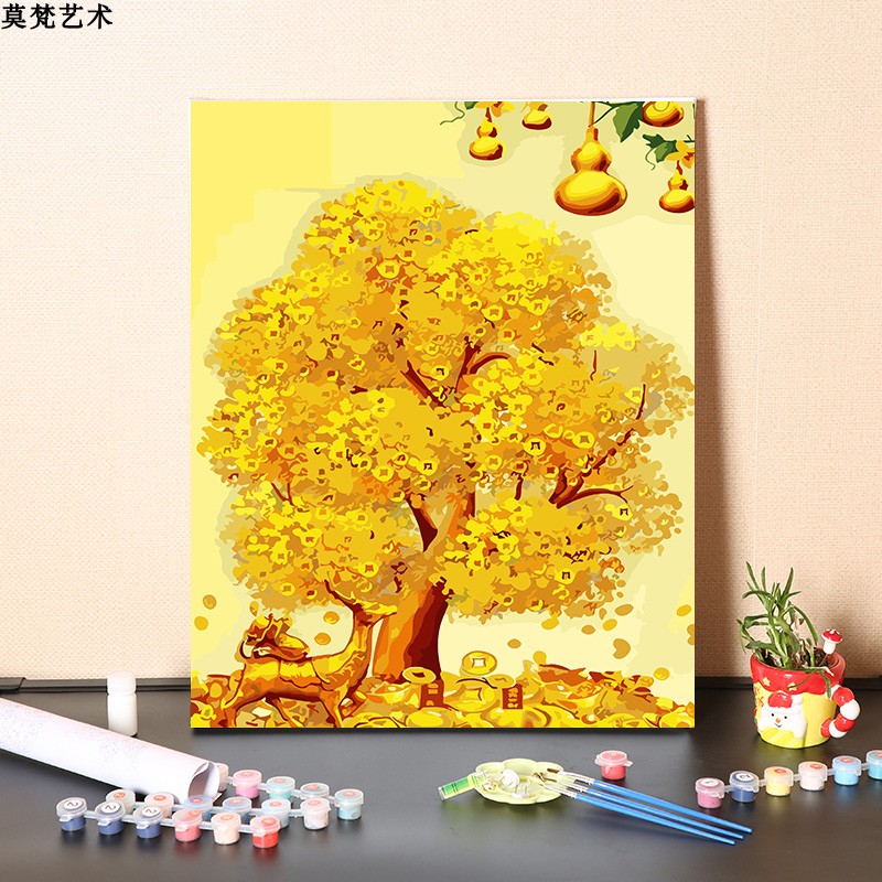 搖錢樹金元寶數字油畫 DIY手工填充客廳裝飾丙烯彩版風景畫 (3.6折)