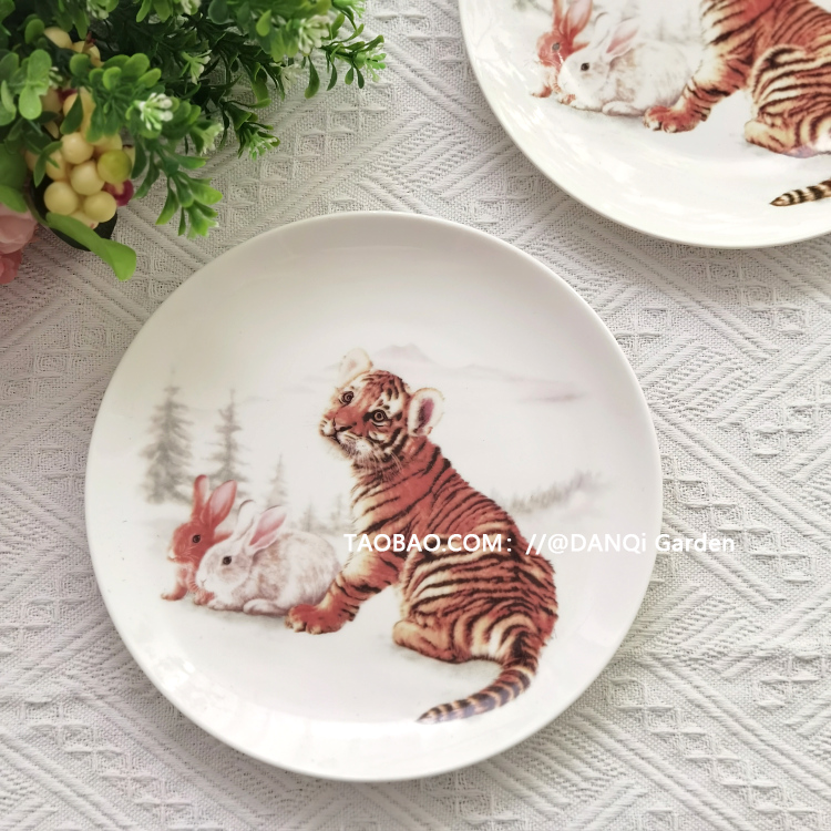 lefard 老虎兔子輕薄新骨瓷西餐盤美式卡通風格8寸平盤釉上彩工藝中國大陸製造