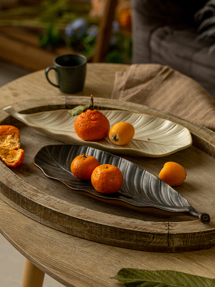 復古樹葉造型陶瓷長盤釉下彩工藝日式風情餐桌擺飾佳品 (8.3折)