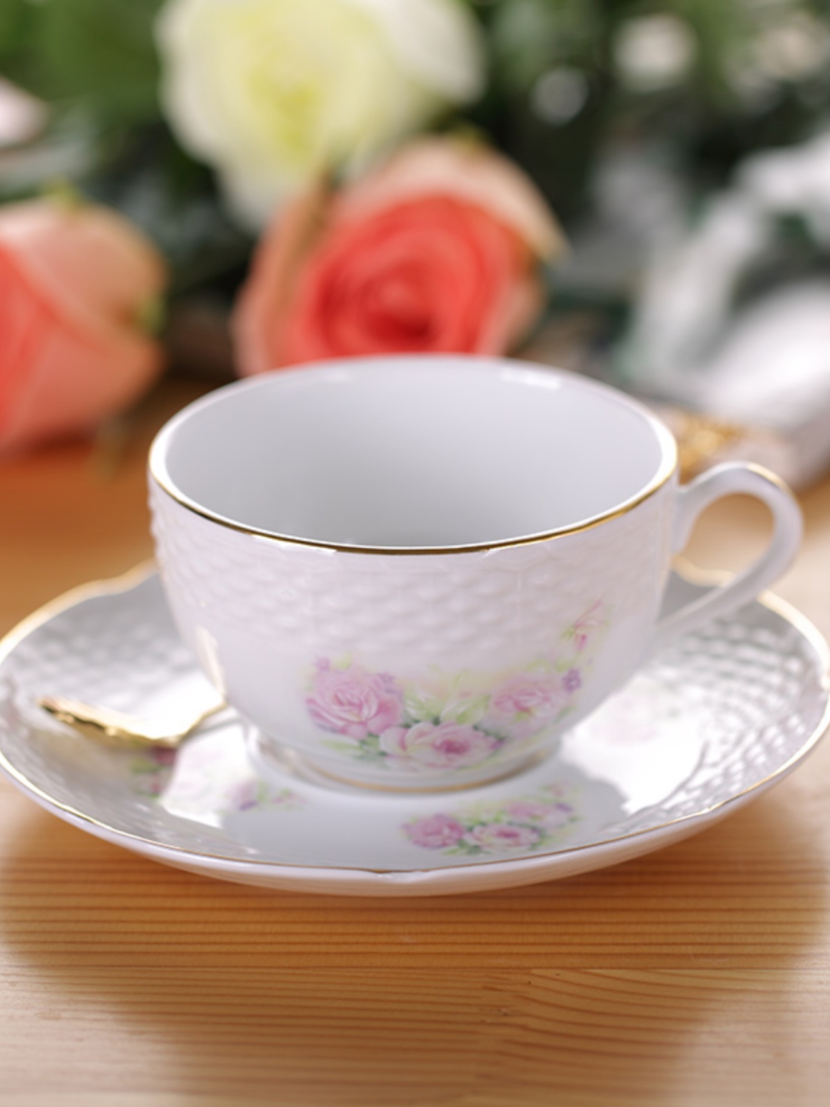 描金玫瑰花奢華歐式風瓷杯碟 精緻手工田園風咖啡杯具