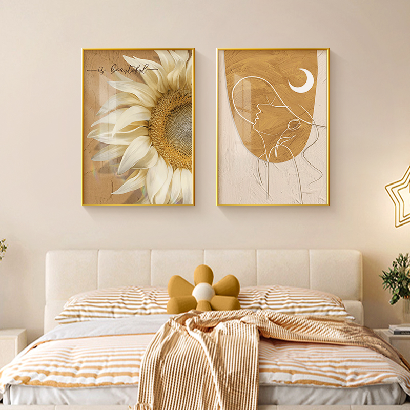 北歐風向日葵裝飾畫臥室床頭雙聯壁畫溫馨房間組合
