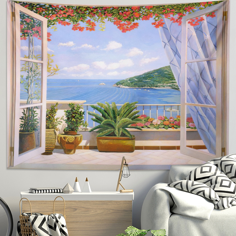 臥室牆壁 ins風 掛毯 絨布背景布 海景窗戶背景牆布 客廳裝飾