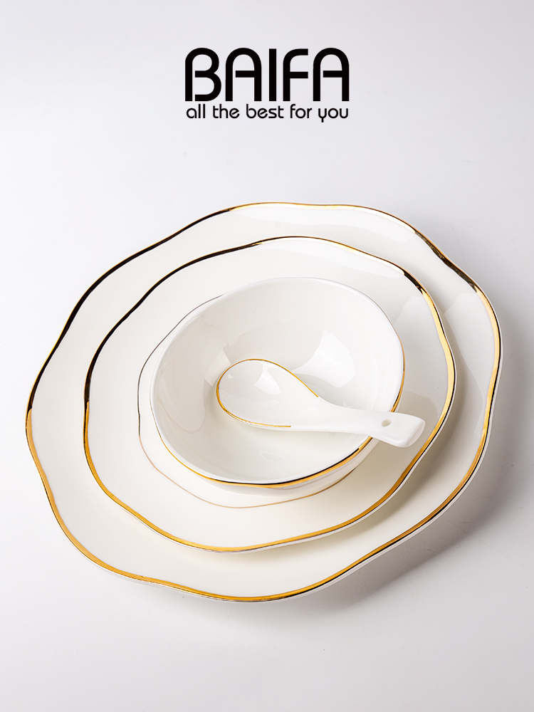 韓式金邊陶瓷碗套裝個性家用創意餐具高檔骨瓷材質釉上彩工藝110人配置可選