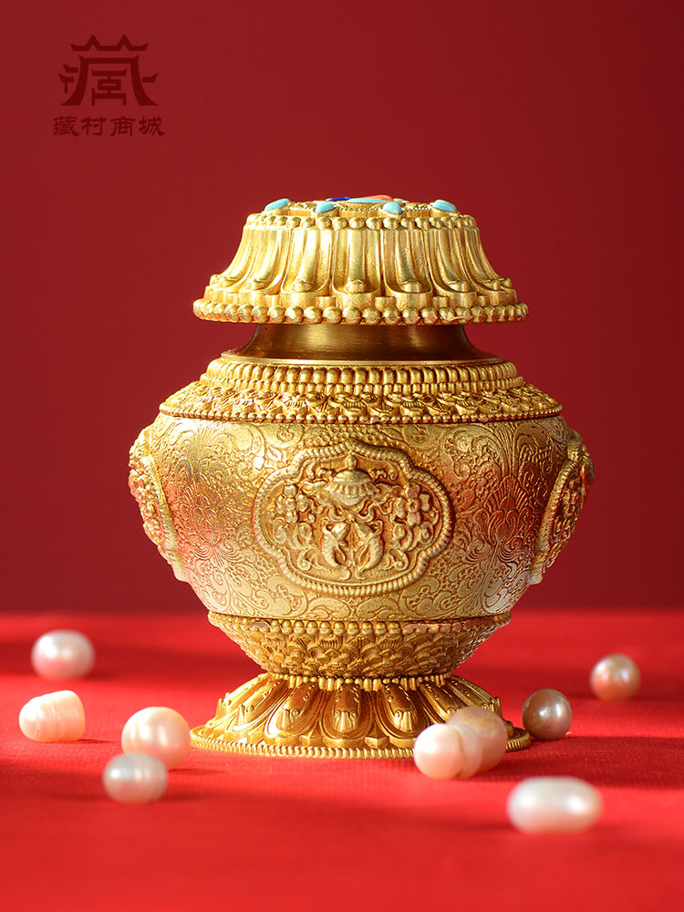 藏村鎏金寶瓶米盒客廳桌面擺件民族風銅藝