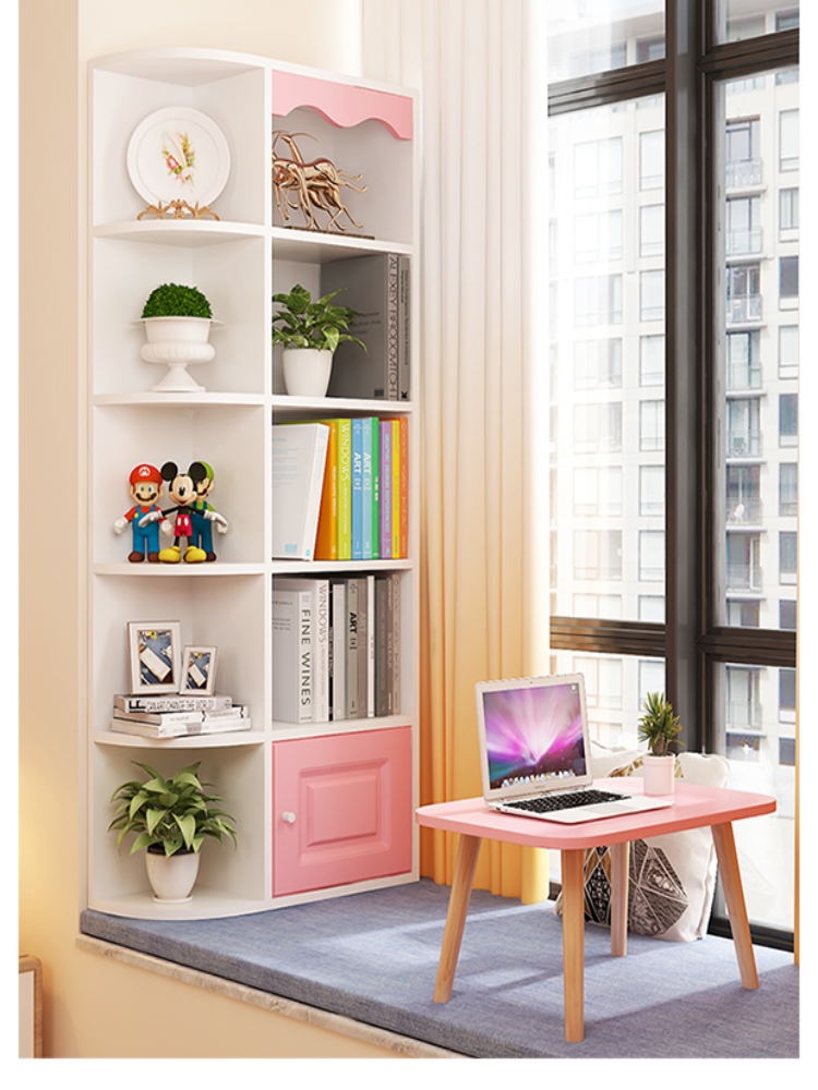 簡約現代風格 飄窗櫃儲物櫃書桌書櫃一體 多功能邊角櫃 窗臺櫃置物架 暖白粉色藍色 左右可調 三層四層五層 可定製 (3.2折)