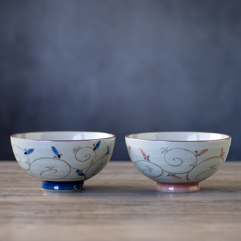 日式復古冰裂紋陶碗 土物唐草碗 家用吃飯米飯碗 精緻釉下彩陶瓷碗