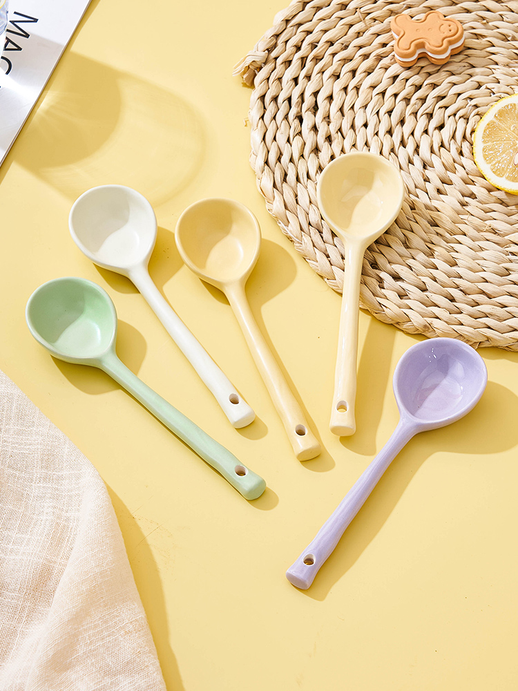 日式陶瓷飯勺高顏值可愛長柄湯匙創意喝湯吃飯調羹圓頭設計多種顏色可選