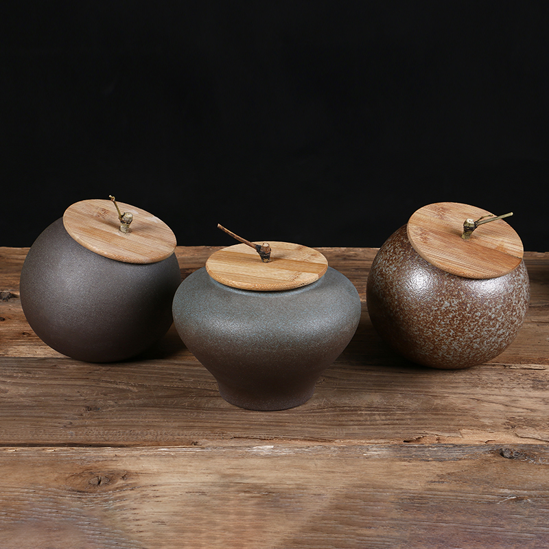 日式復古粗陶茶葉密封罐創意竹蓋普洱醒茶罐綠茶罐