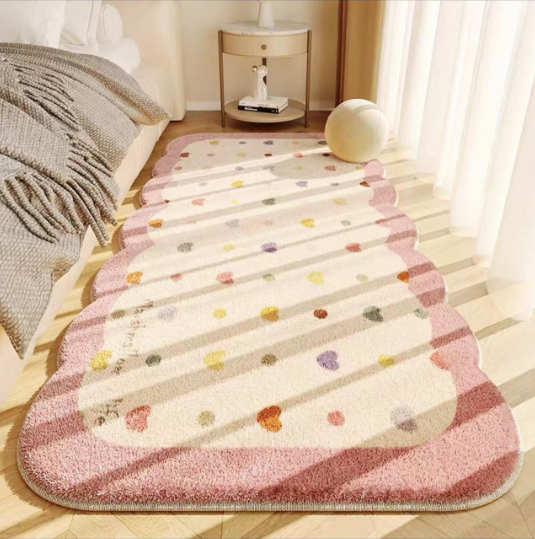 奶油風主臥室床邊地毯 不規則異形 仿羊絨地墊 可機洗 客廳茶几毯 家用酒店地毯