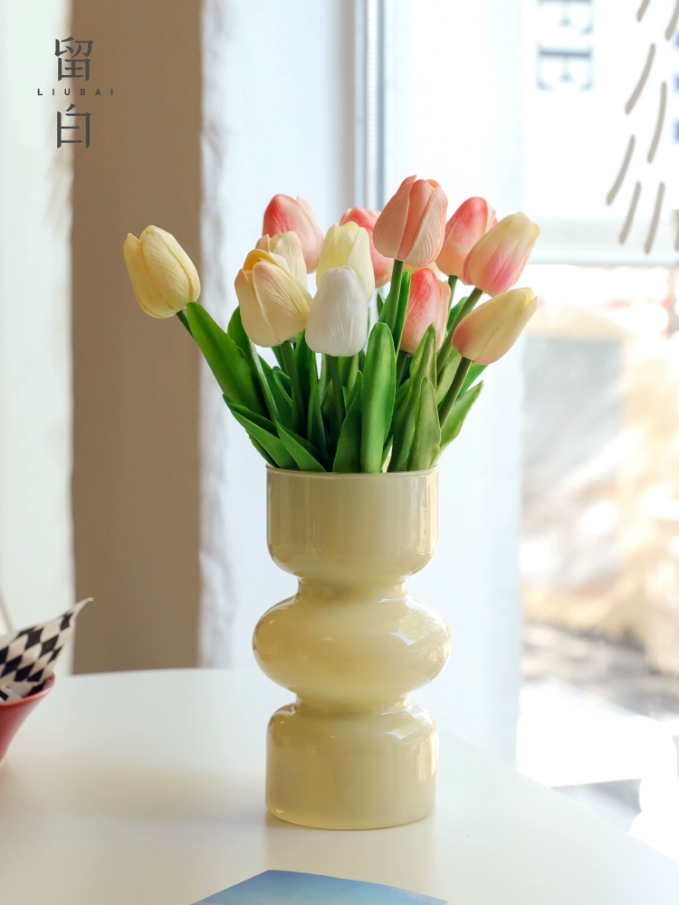 復古玻璃花瓶桌花客廳擺件 裝飾花器 仿真鬱金香花束花藝插花