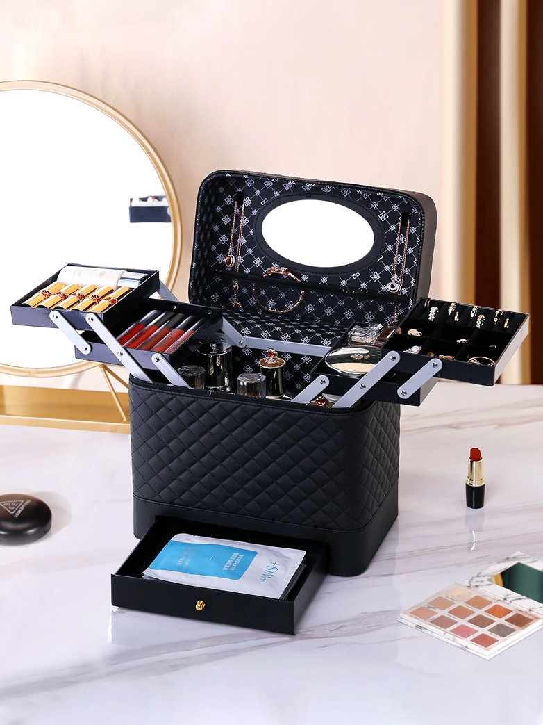 中式風格皮革化妝品收納盒大容量多層設計滿足不同化妝品收納需求