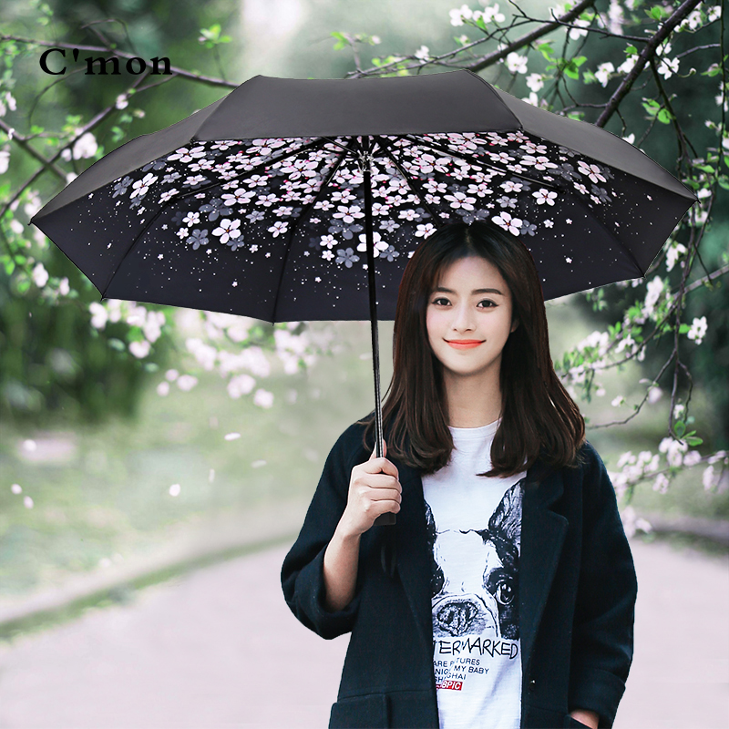 超輕小五折晴雨傘 女遮陽傘 防曬紫外線 黑膠摺疊兩用傘 cmon 櫻花