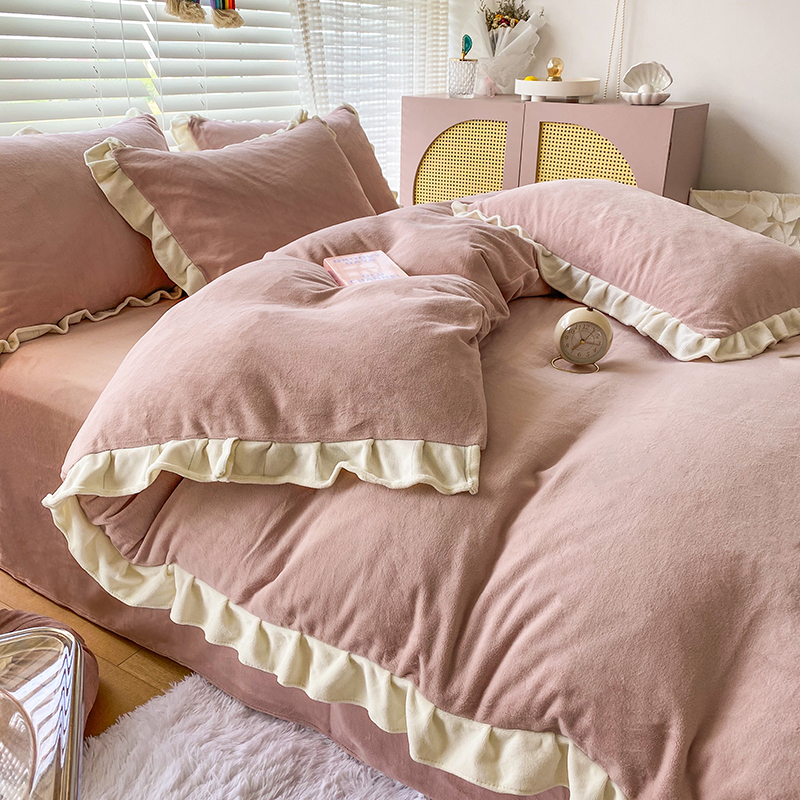 夢幻公主風冬季牛奶絨四件套雙面絨被套帶來溫暖舒適的睡眠體驗多種顏色款式可選讓您的臥室煥然一新