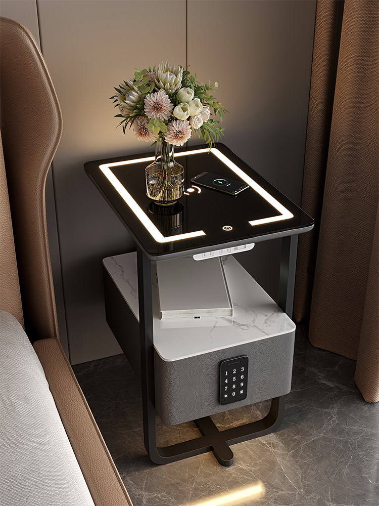 輕奢意式風格床頭櫃 實木智能充電 多功能收納 現代簡約臥室床邊櫃