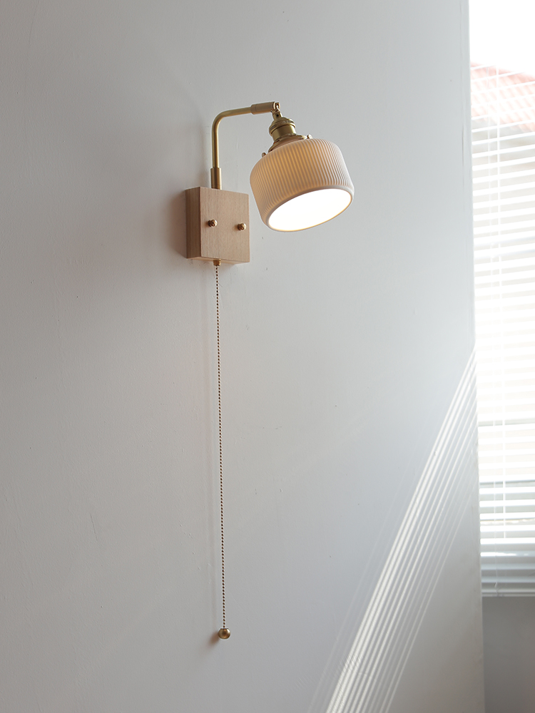 日式原木全銅陶瓷客厛過道陽台多功能可鏇轉創意牀頭臥室拉線壁燈