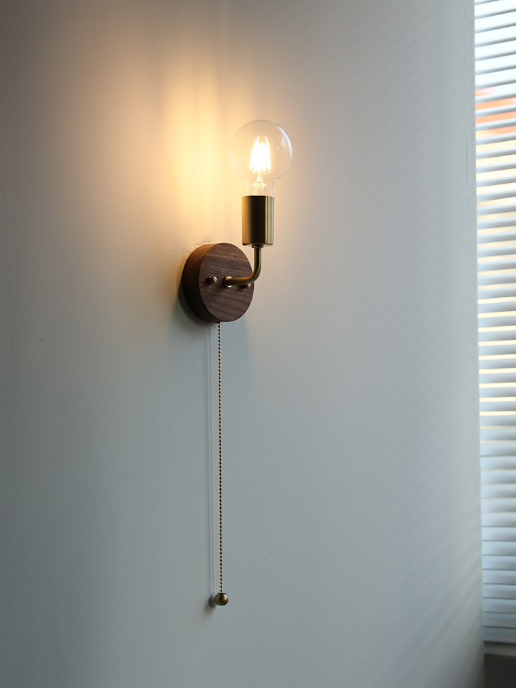 日式簡約復古壁燈 帶開關 銅胡桃木衛生間鏡前燈 臥室床頭燈