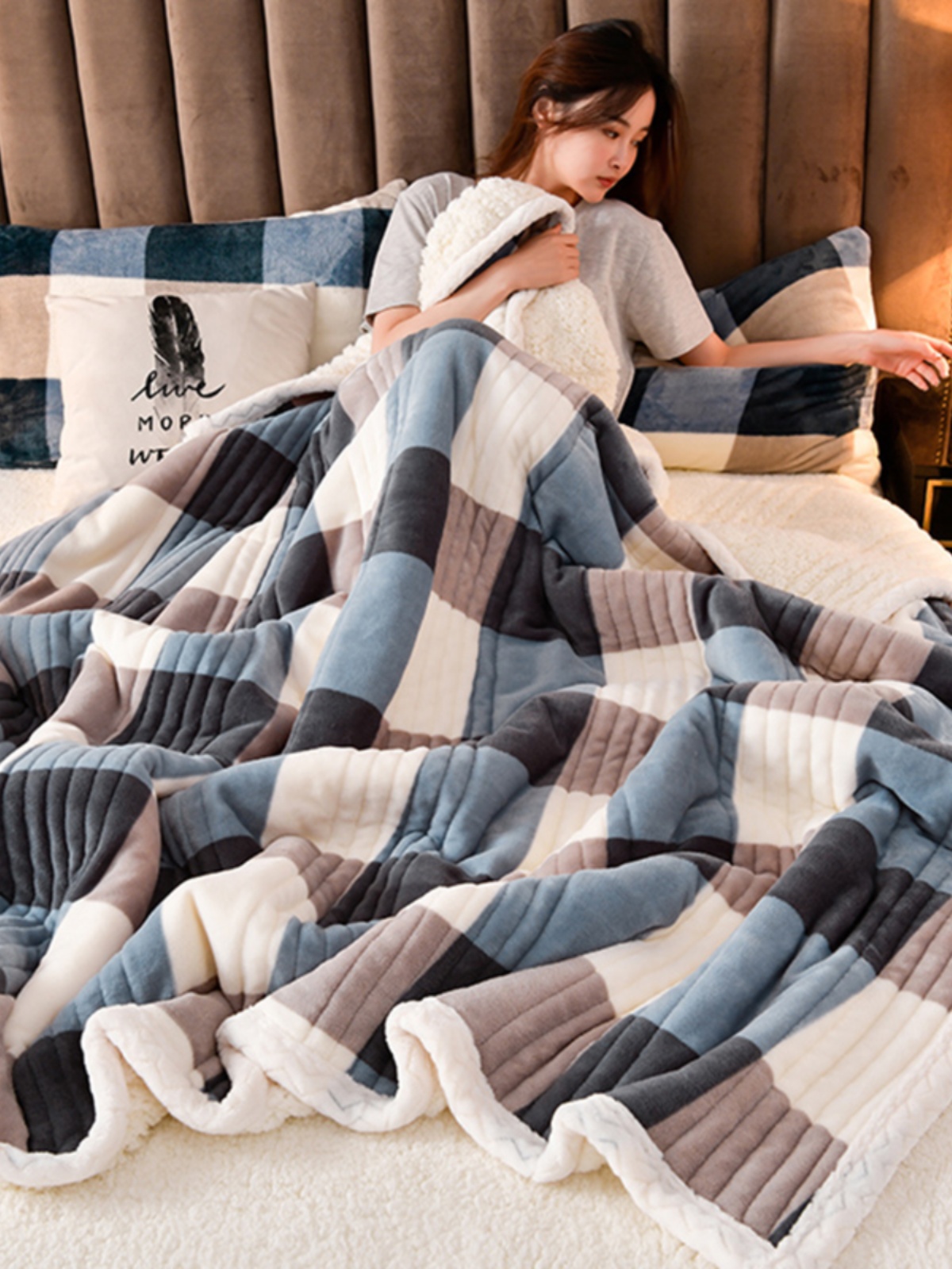 冬季保暖珊瑚絨三層被子床單毯簡約現代風格保暖發熱適用冬季臥室