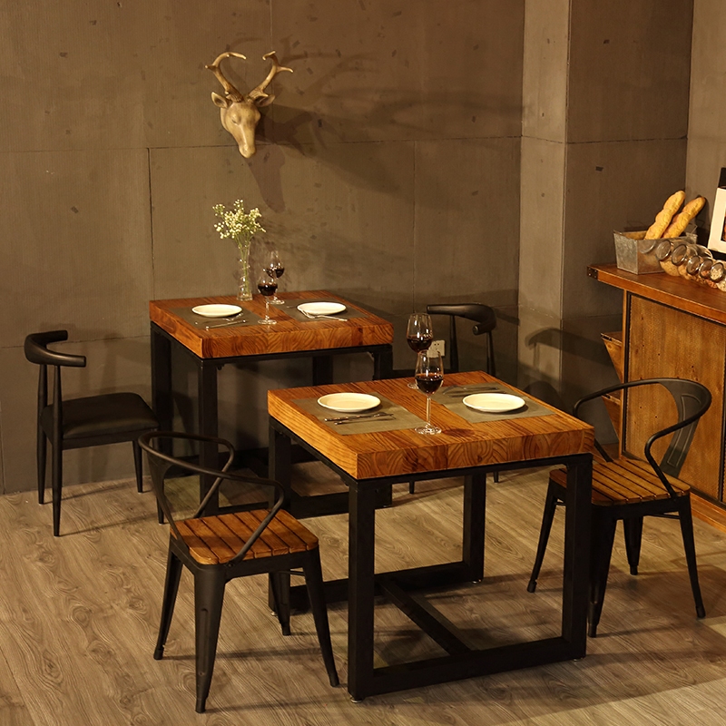 工業風餐厛商用餐桌小喫店餐桌椅組郃美式實木餐飲甜品嬭茶店桌椅
